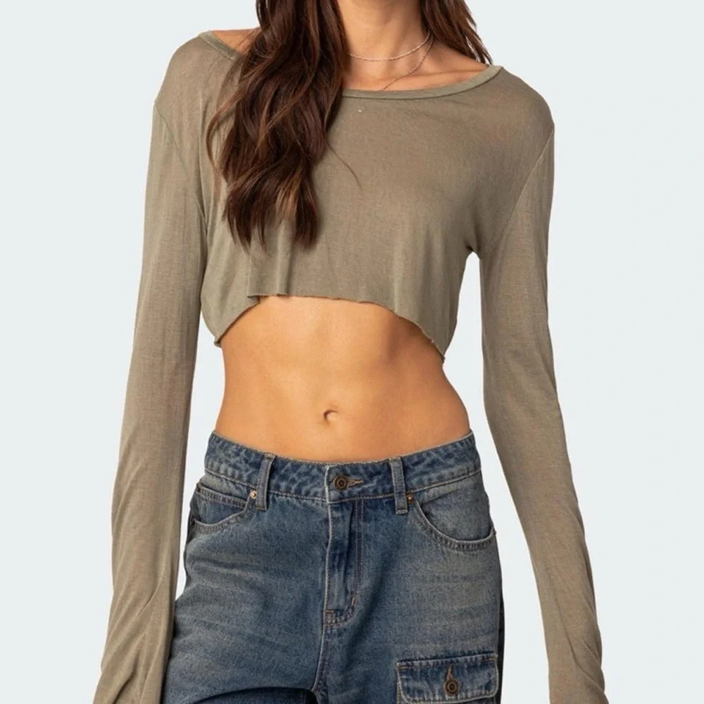 brand new with tags edikted olive long sleeve crop top Sheer Raw Hem Crop Top
